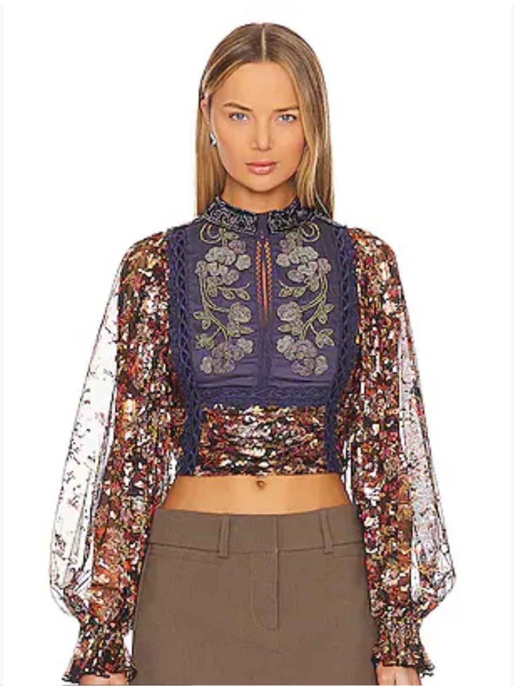 Free People Navy Cropped Blouse with Multi Metallic Floral Sleeves